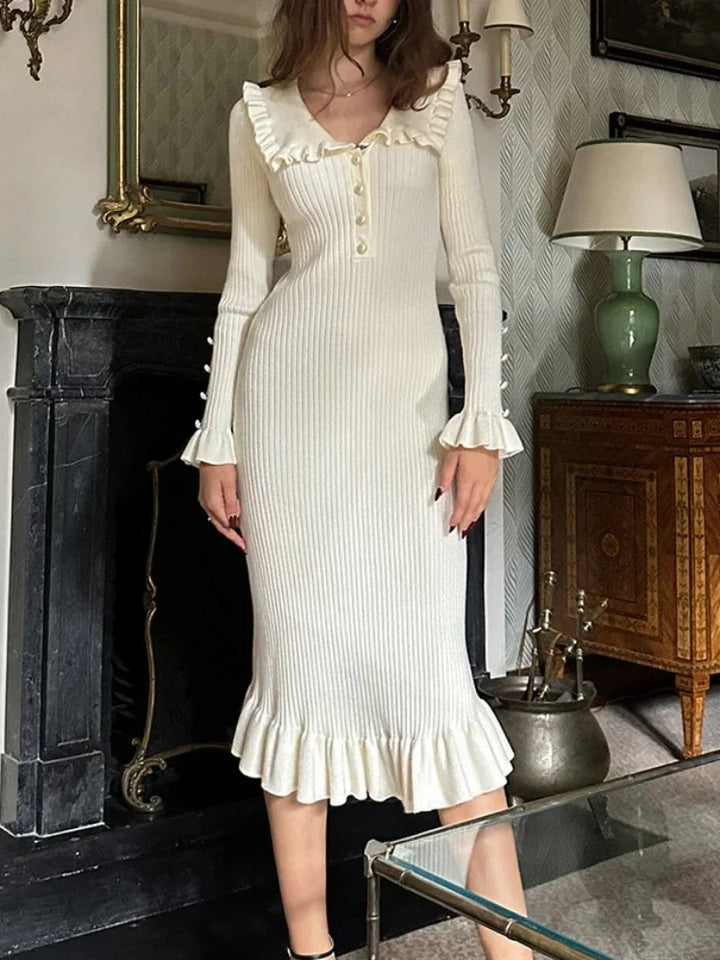 Aurelle's Vintage Elegance Ruffle Detail Midi Dress