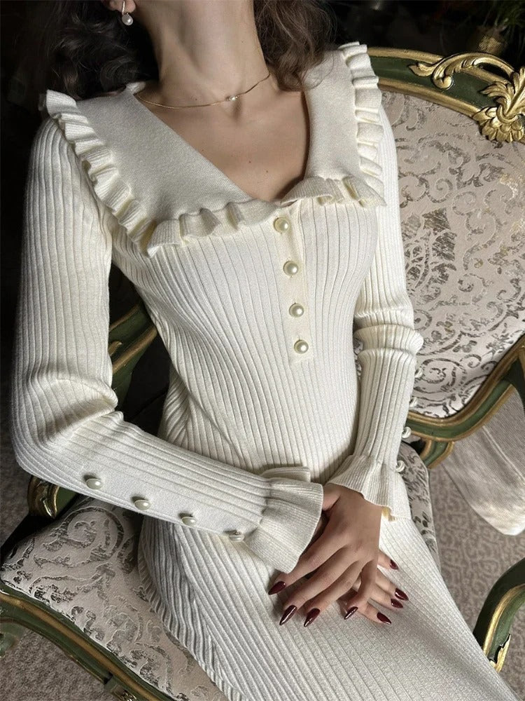Aurelle's Vintage Elegance Ruffle Detail Midi Dress